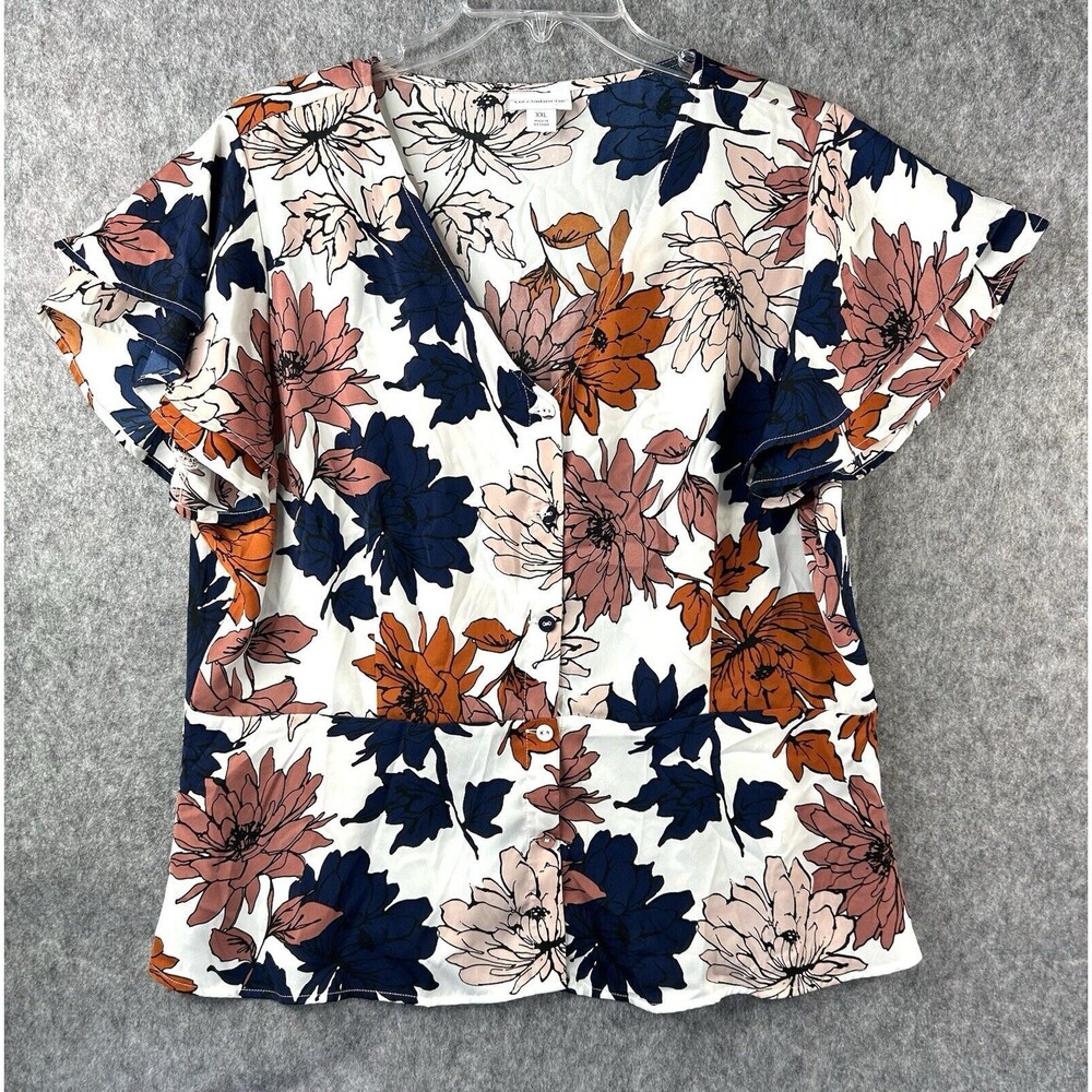 Liz Claiborne Blouse Women's 2XL Floral Button Up V-Neck Lightweight Casual Top